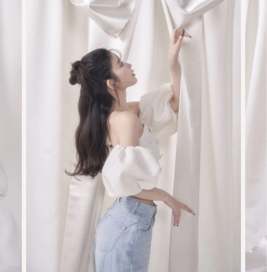 ダーリッチ♡新品タグ付パフスリーブオフショルツイードトップス