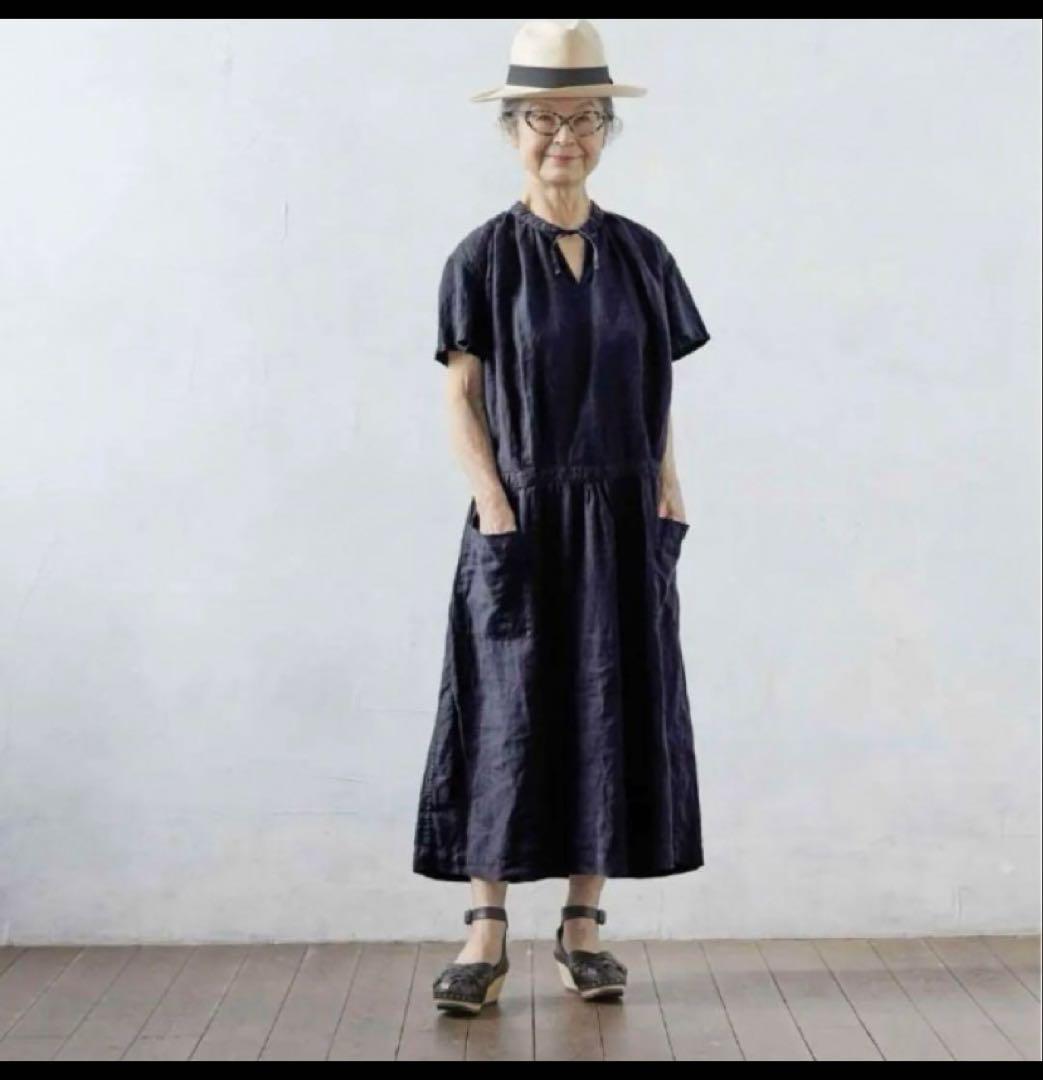 POOL いろいろの服　プチスリーブワンピース　リネン　ネイビー　IDEE 無印