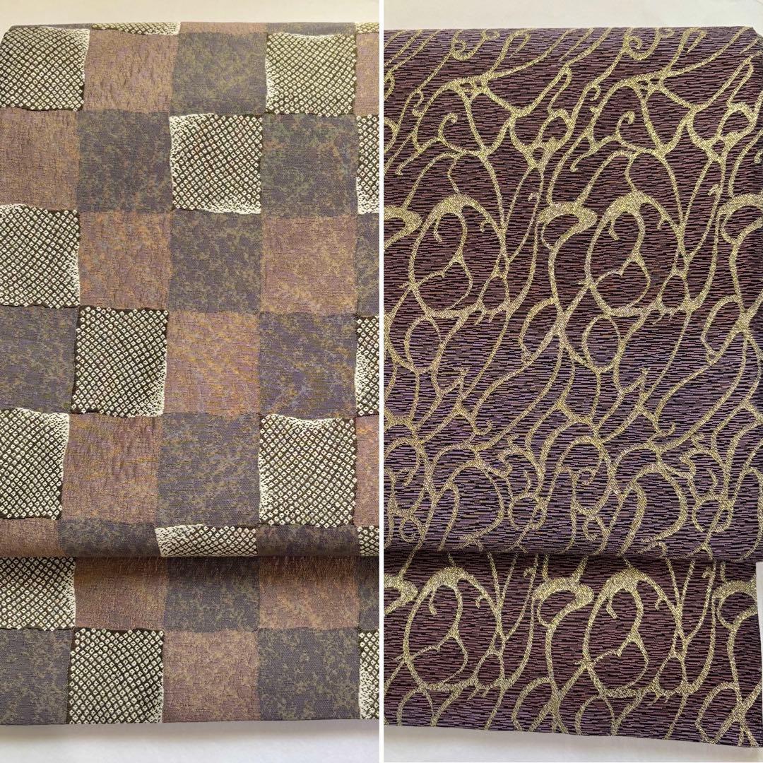 リバーシブル袋帯 市松/明暉瑞鳥紋 正絹⭐︎帯のみ