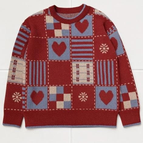 J1527 ニットセーター ハート柄パッチワーク L レッド