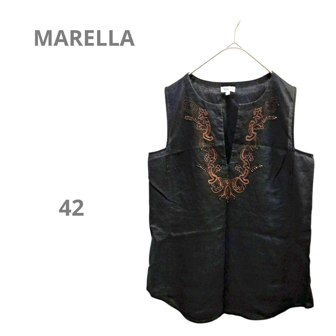 マレーラ MARELLA】リネン ノースリーブ刺繍ブラウス 42 XL 黒