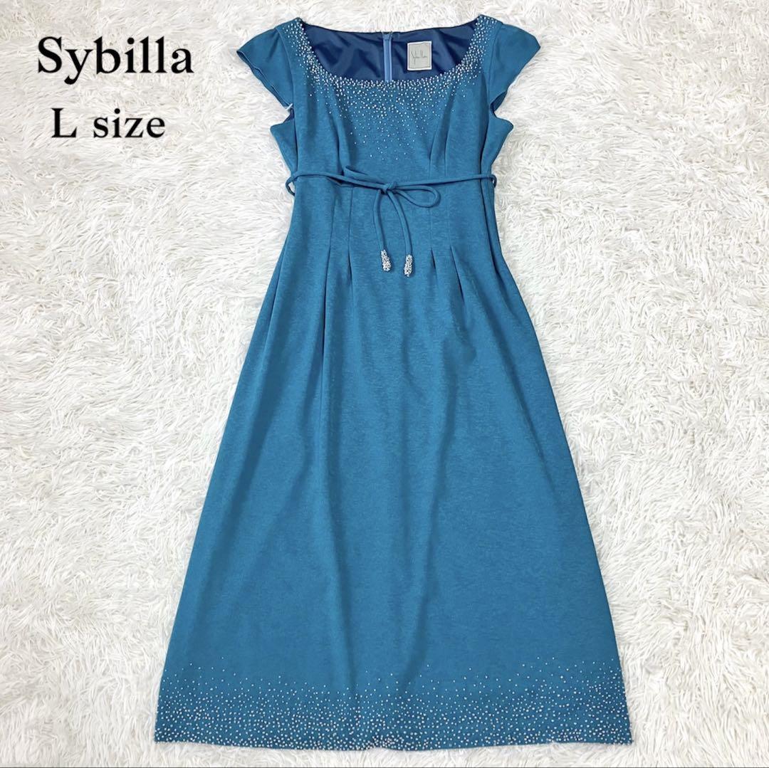 美品 Sybilla ビーズワークのロングフレアワンピース ブルーグリーン L