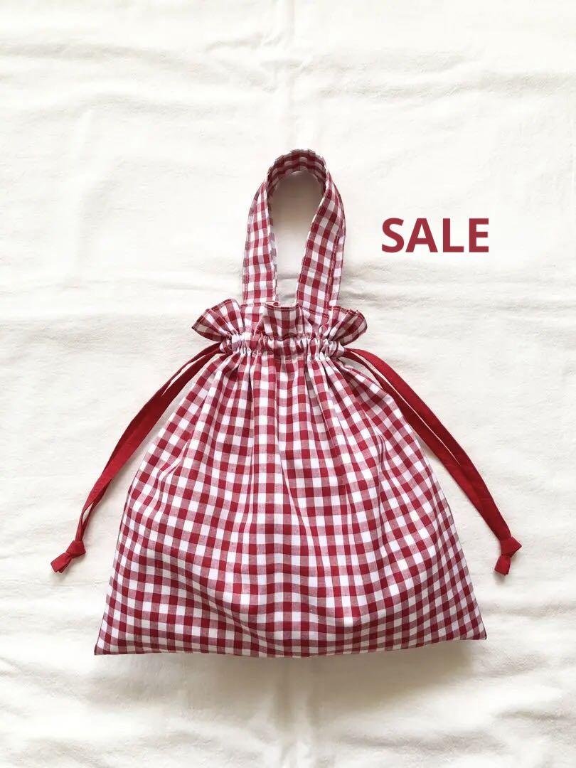 《SALE》小さめ巾着バッグ　手さげバッグ　ギンガムチェックあか
