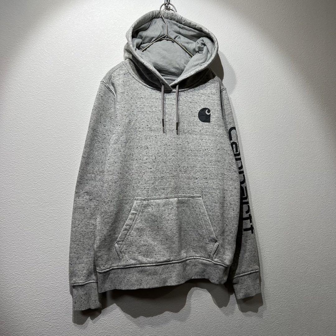 【希少】Carhartt パーカー 袖ロゴ ビッグシルエット 総柄 グレー XS