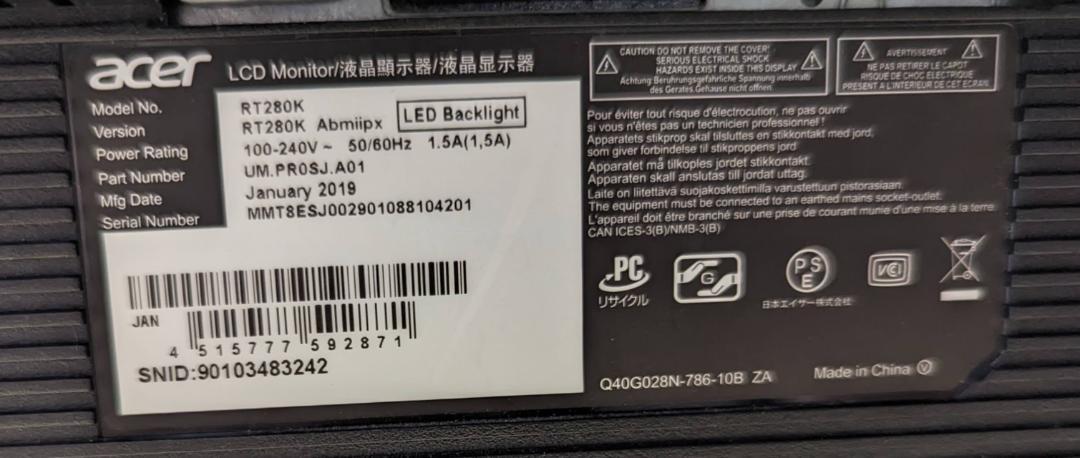ディスプレイ・モニター本体 ACER RT280K Abmiipx