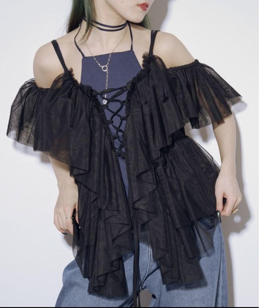 ezick トップス Multi-layered レースアップチュールビスチェ