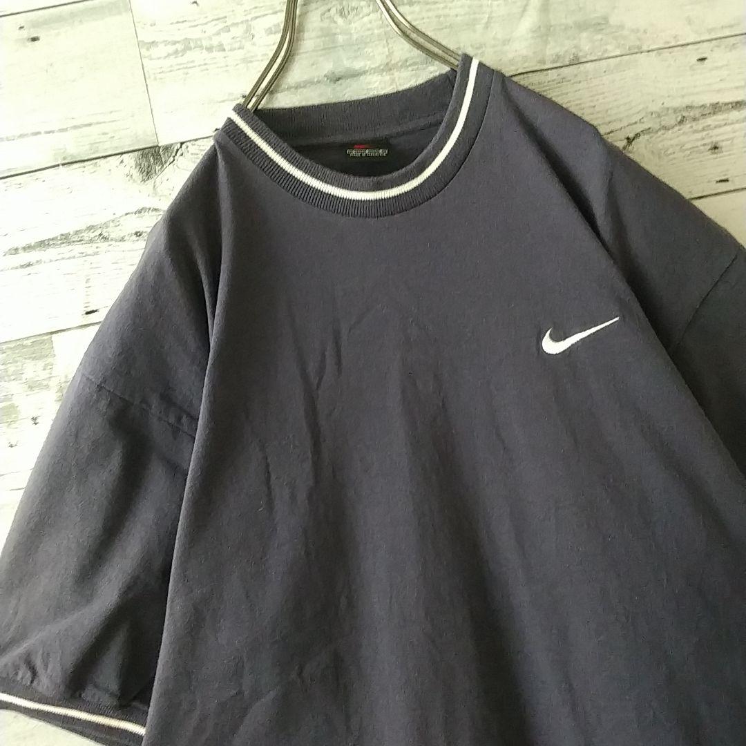 人気黒タグ ナイキ 刺繍ロゴ リンガーT Tシャツ L 紺