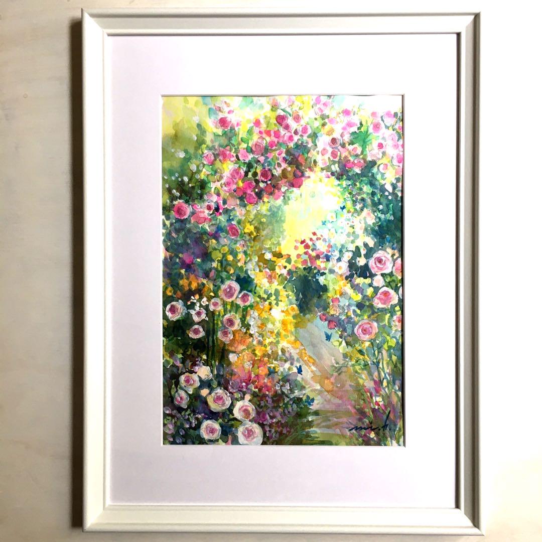 期間SALE 秘密の花園 透明水彩画 ホワイトの額入り