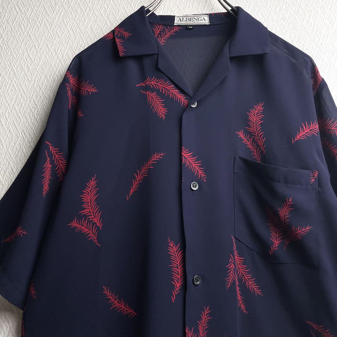 古着 レトロ 総柄 柄シャツ 開襟 オープンカラーシャツ 透け感 ネイビー 半袖