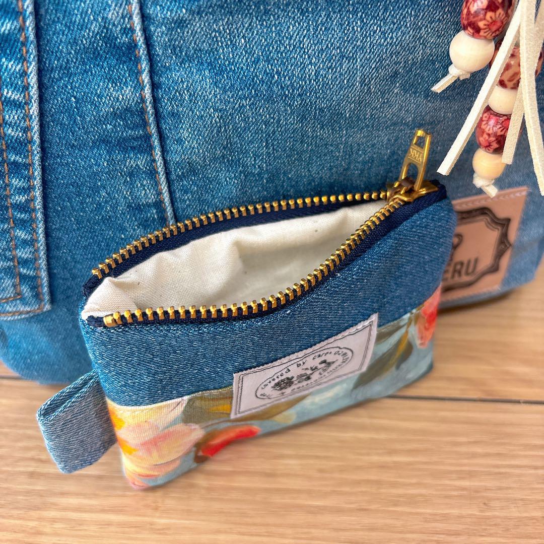 デニムリメイク トートバッグ ハンドメイド 花柄 トートバッグ