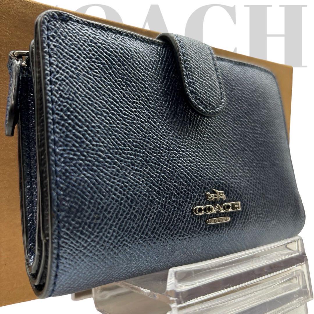 極美品◎ コーチ 財布 二つ折り コンパクト レザー 馬車金具 小銭入れ 男女可