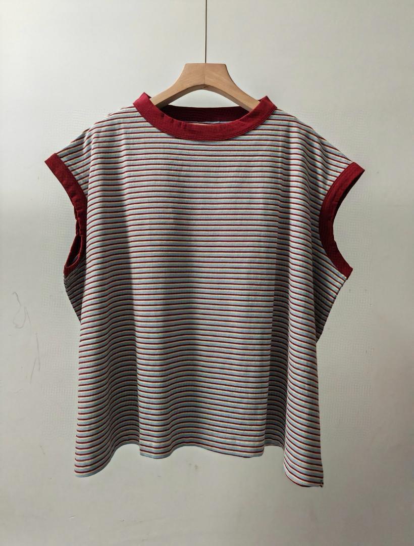 【45r】 ヴィンテージワイン ストライプ フリル袖 Tシャツ