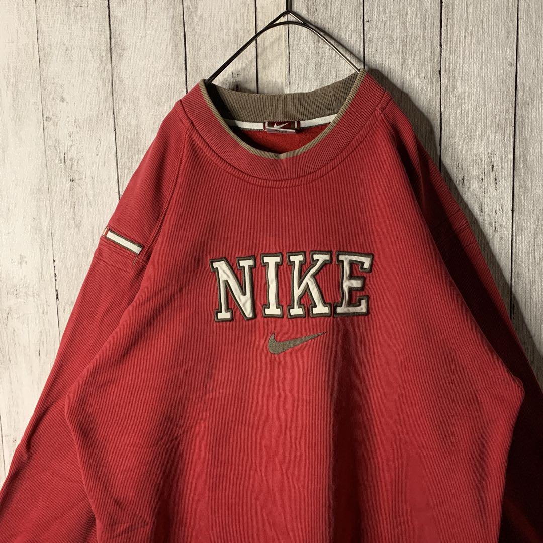 90s ナイキ 裏起毛 スウェット 刺繍 レッド ビッグシルエット 太アーム