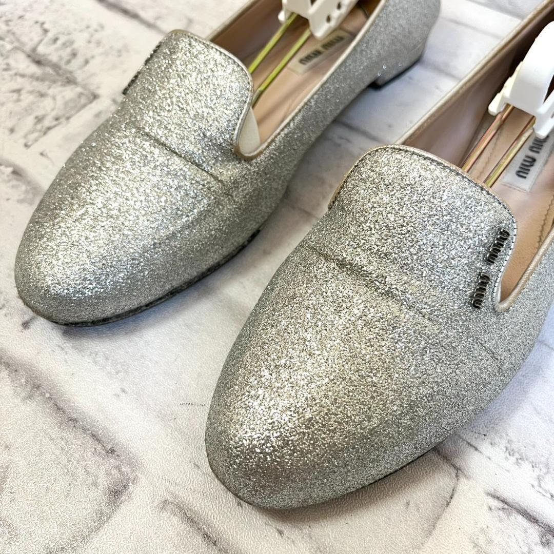 美品】MIUMIU グリッター リボン フラットシューズ バレエ