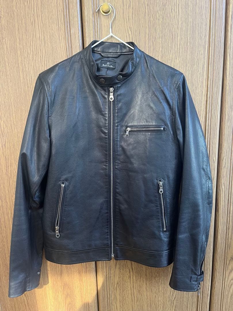 PSポールスミス ブラックレザーシングルライダースジャケット 羊皮 MM・PS Paul Smith