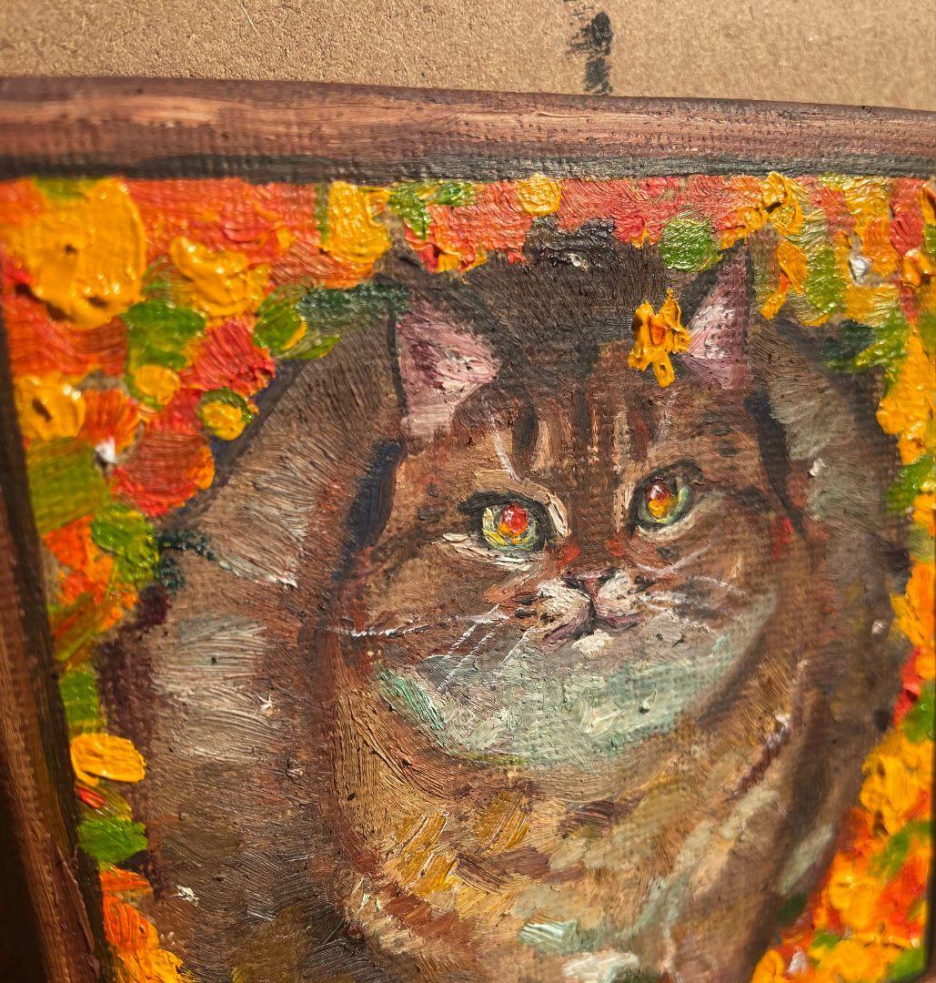 花畑猫　油彩画 原画　ミニ絵画　オリジナル　猫　花