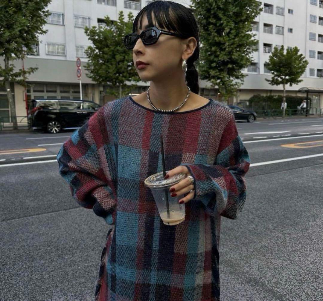 アメリヴィンテージBIG CHECK LACE UP KNIT DRESS