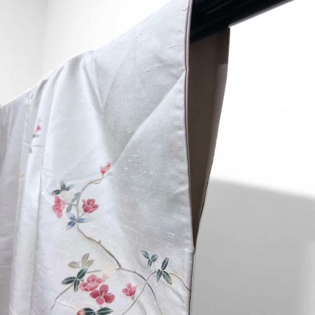 作家もの　加賀友禅　紬　椿　流線　花模様　付け下げ　着物　073w p