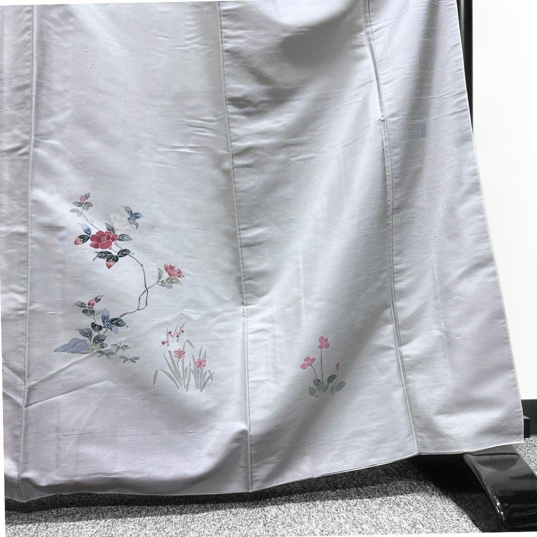 作家もの　加賀友禅　紬　椿　流線　花模様　付け下げ　着物　073w p
