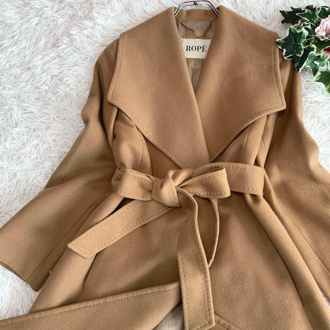 D85.ROPE【カシミヤ混/女優襟◇ガウンコート/ロングコート】S キャメル