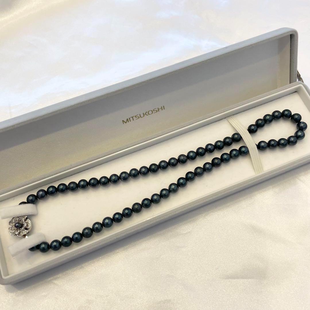 三越 MITSUKOSHI リアル パール ネックレス 黒真珠 シルバー刻印