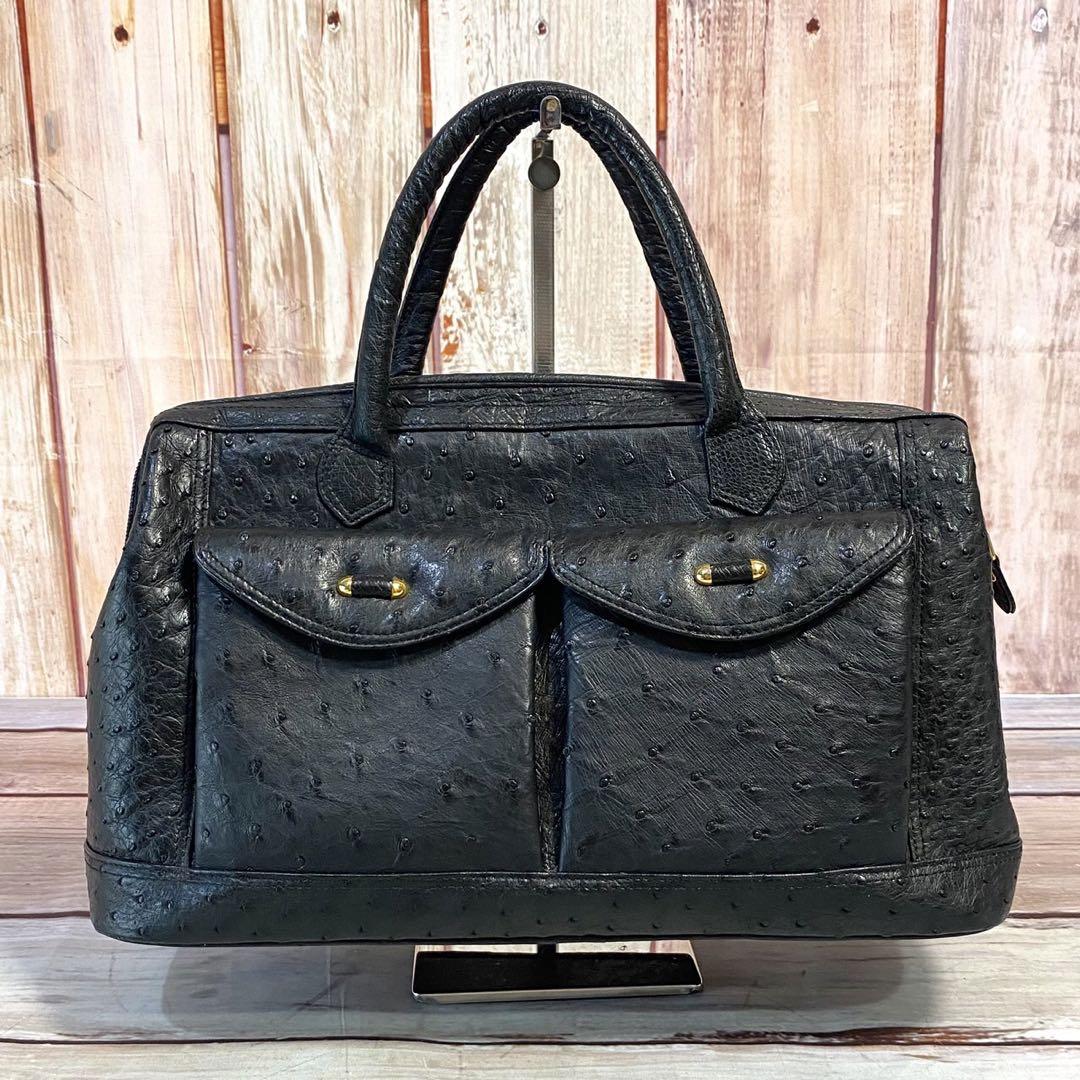 美品【オーストリッチ本革】ボストンバッグ　JRA認定　ブラック　ポーチ付き ✨JRA✨美品✨オーストリッチ ボストンバッグ 2way 大容量