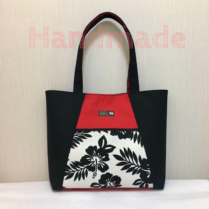 花柄ハイビスカストートバッグ(赤 黒)*ハンドメイド