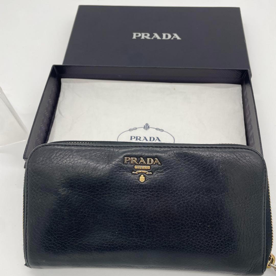 PRADA プラダ レザー ブラック 黒 ラウンドジップ 財布 箱付き