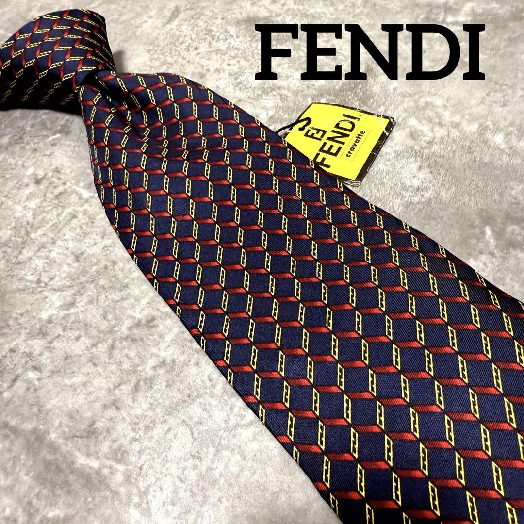 FENDI 幾何学模様 ネクタイ ブラック/グレー フェンディFENDI 幾何学柄シルクネクタイ 紺黄 | DCブランド古着