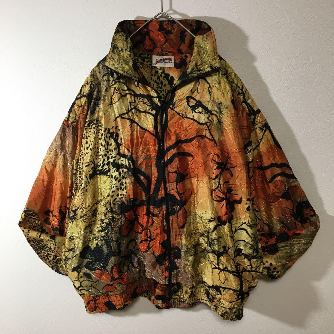 【個性派古着】ライトアウター　しわ加工　トラ柄　花柄　光沢あり　派手　オレンジ