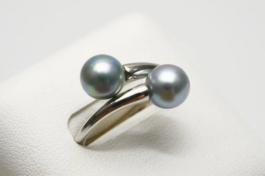 アコヤ真珠パールリング【指輪】2ヶ付7.5-8.0mmブルーグレーカラー