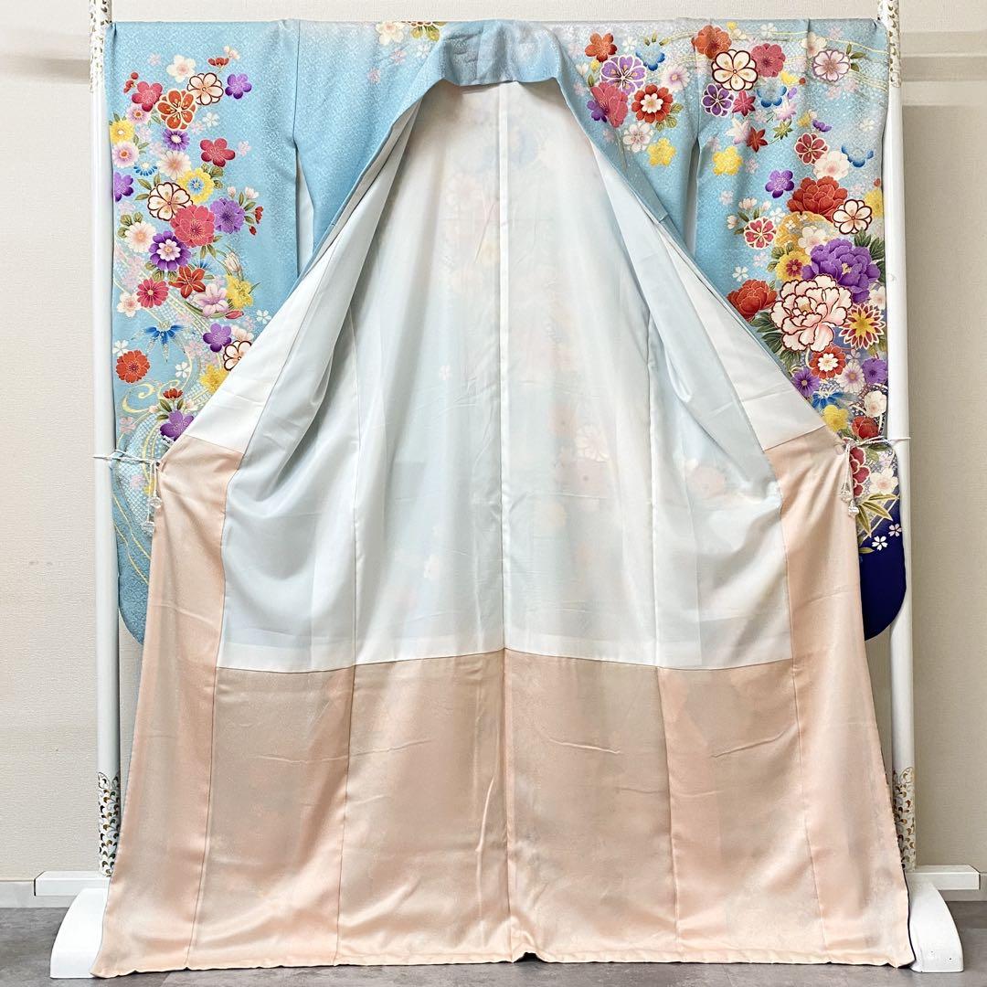 【メーカー再生品】 水色 振袖 正絹 akmx167 パールトーン加工 メルカリ - 花柄 13号 着物・浴衣