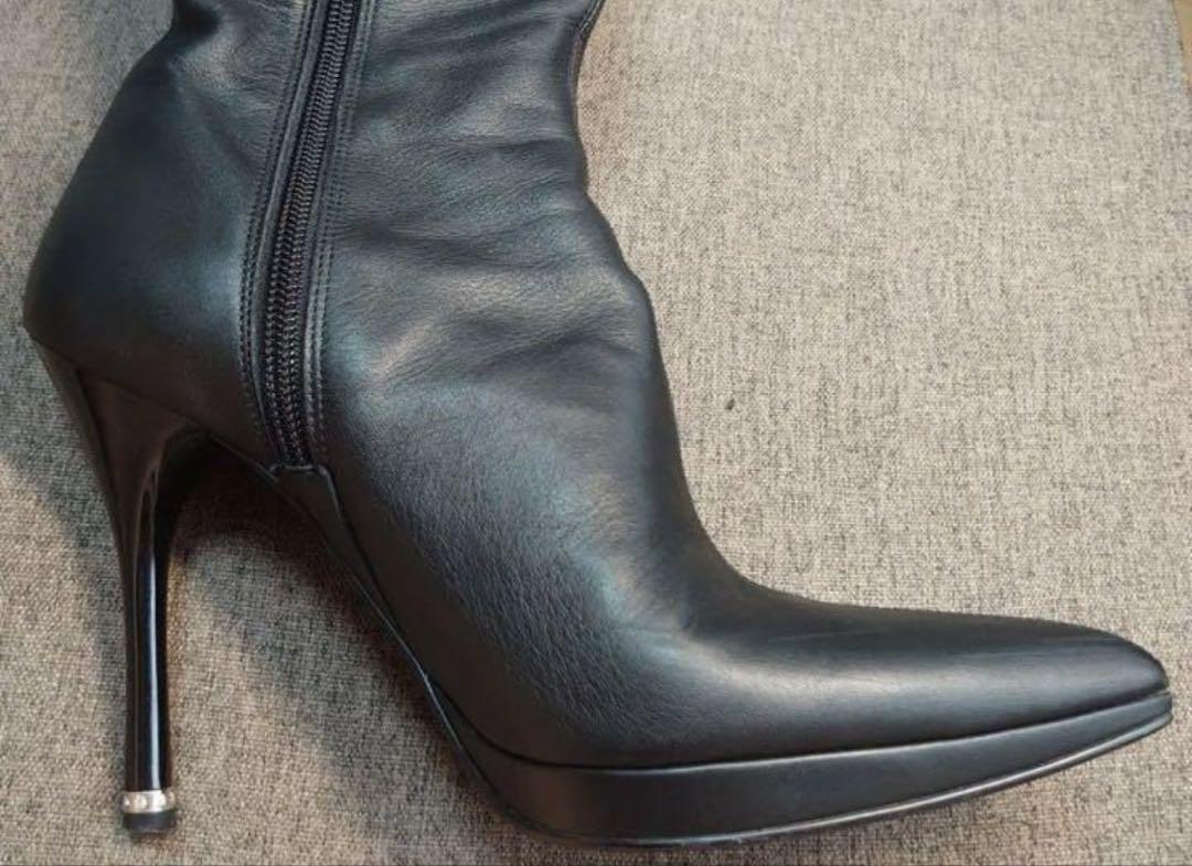 COMEX 23.5cm 本革 ポインテッドトゥ ピンヒール ニーハイブーツ