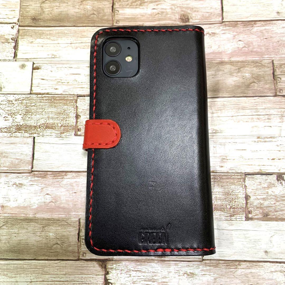 栃木レザー　ブラック×レッド　 iPhoneケース　スマホケース　手帳型 本革 栃木レザー ブラック×レッド iPhoneケース 手帳型 本革