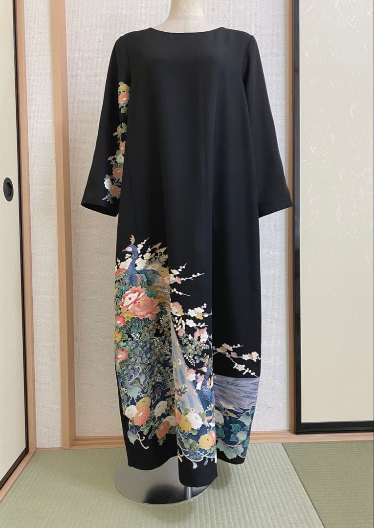 留袖ワンピース 留袖ドレス 着物リメイクロングワンピース ハンドメイド 黒留袖 留袖ワンピース 留袖ドレス 着物リメイクロングワンピース ハンドメイド 黒留袖