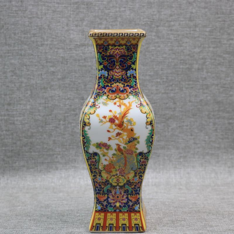 琺瑯彩蒔絵花鳥四方瓶 挿花器 景徳鎮 陶磁器 装飾品 現代工芸品 美術品 置物
