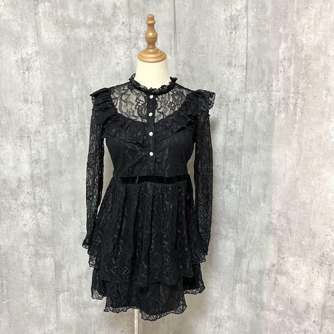 ZARA レース　フリル　ハイネック　ビジュー　膝丈　ワンピース　透け感