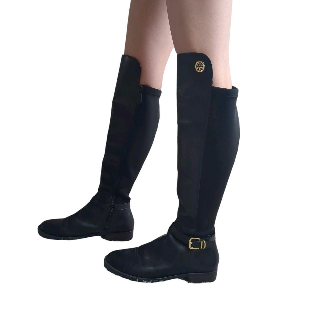 Tory Burch ロングブーツ 黒 レザー　切り替え　ウエット　金　ロゴ