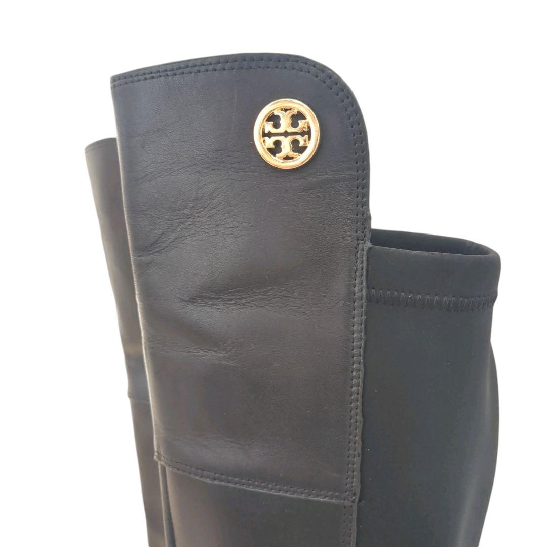 Tory Burch ロングブーツ 黒 レザー　切り替え　ウエット　金　ロゴ