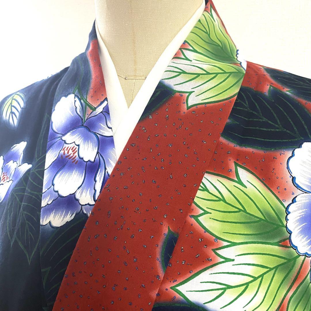 5k870 浴衣　綿　単衣　山本寛斎　赤　黒　白　紫　緑　花柄　和装　着物