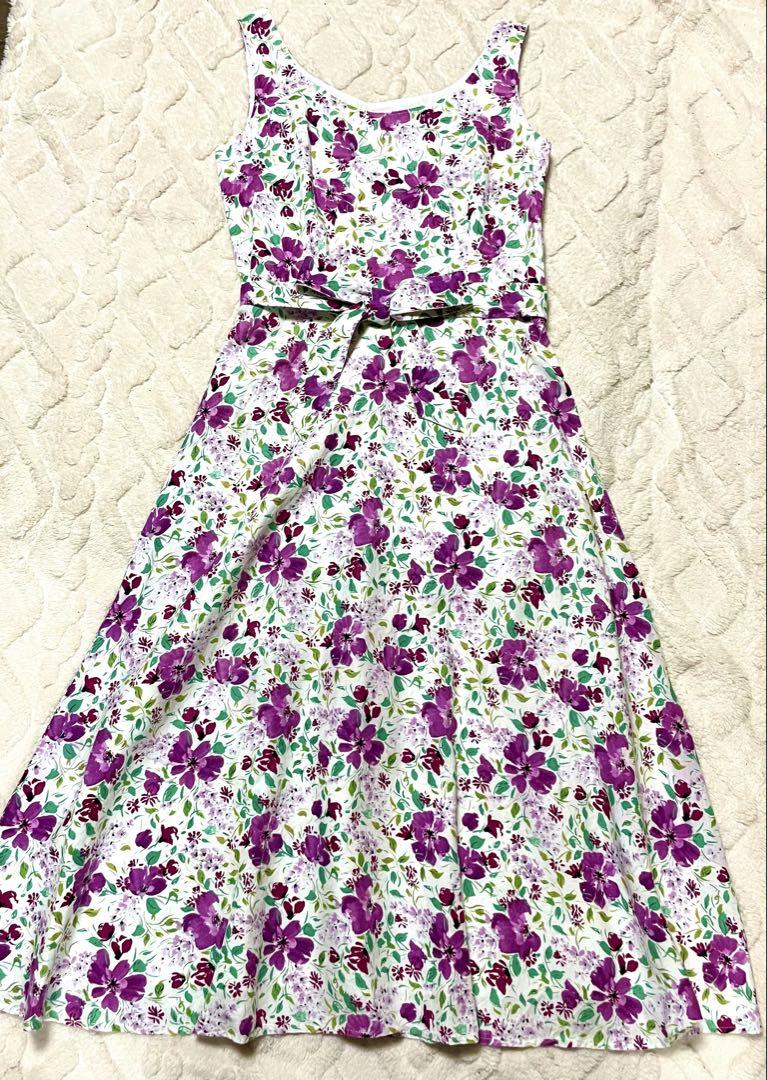 美品 ローラアシュレイ フラワープリントロングワンピース 麻100%
