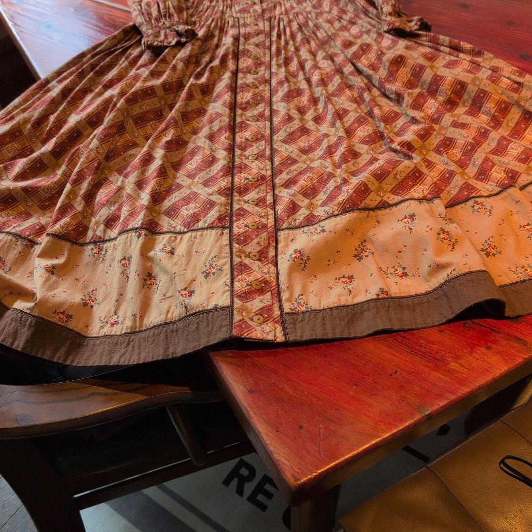 格子柄✕小花柄裾に別布パッチワーク風ワンピースM・PINK HOUSE