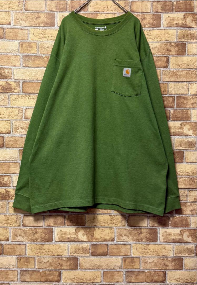 カーハート　ロンT　長袖カットソー　グリーン　ビッグシルエット　胸ポケット　XL