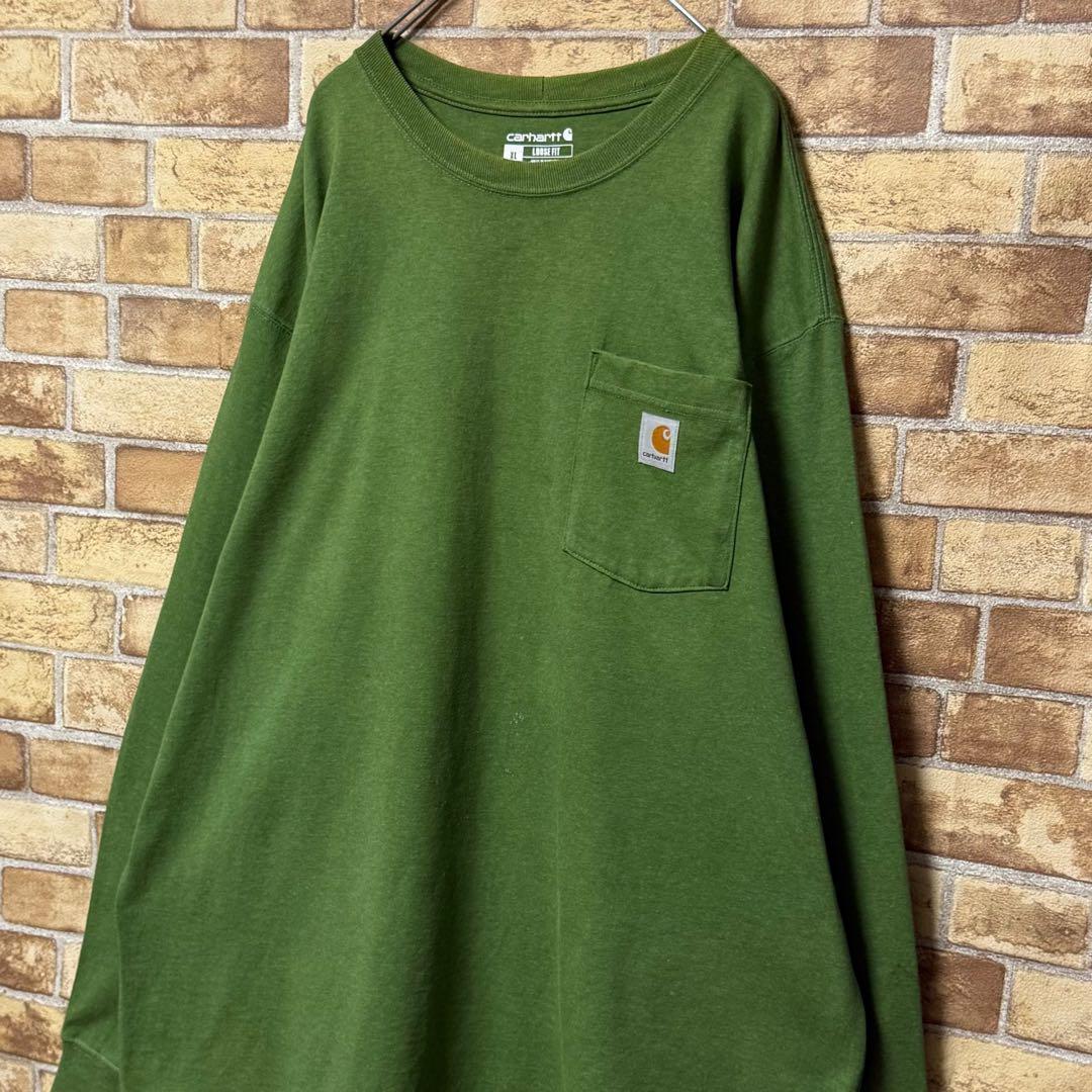 カーハート　ロンT　長袖カットソー　グリーン　ビッグシルエット　胸ポケット　XL