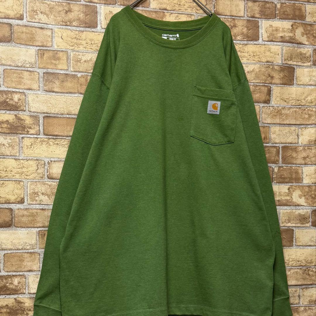 カーハート　ロンT　長袖カットソー　グリーン　ビッグシルエット　胸ポケット　XL