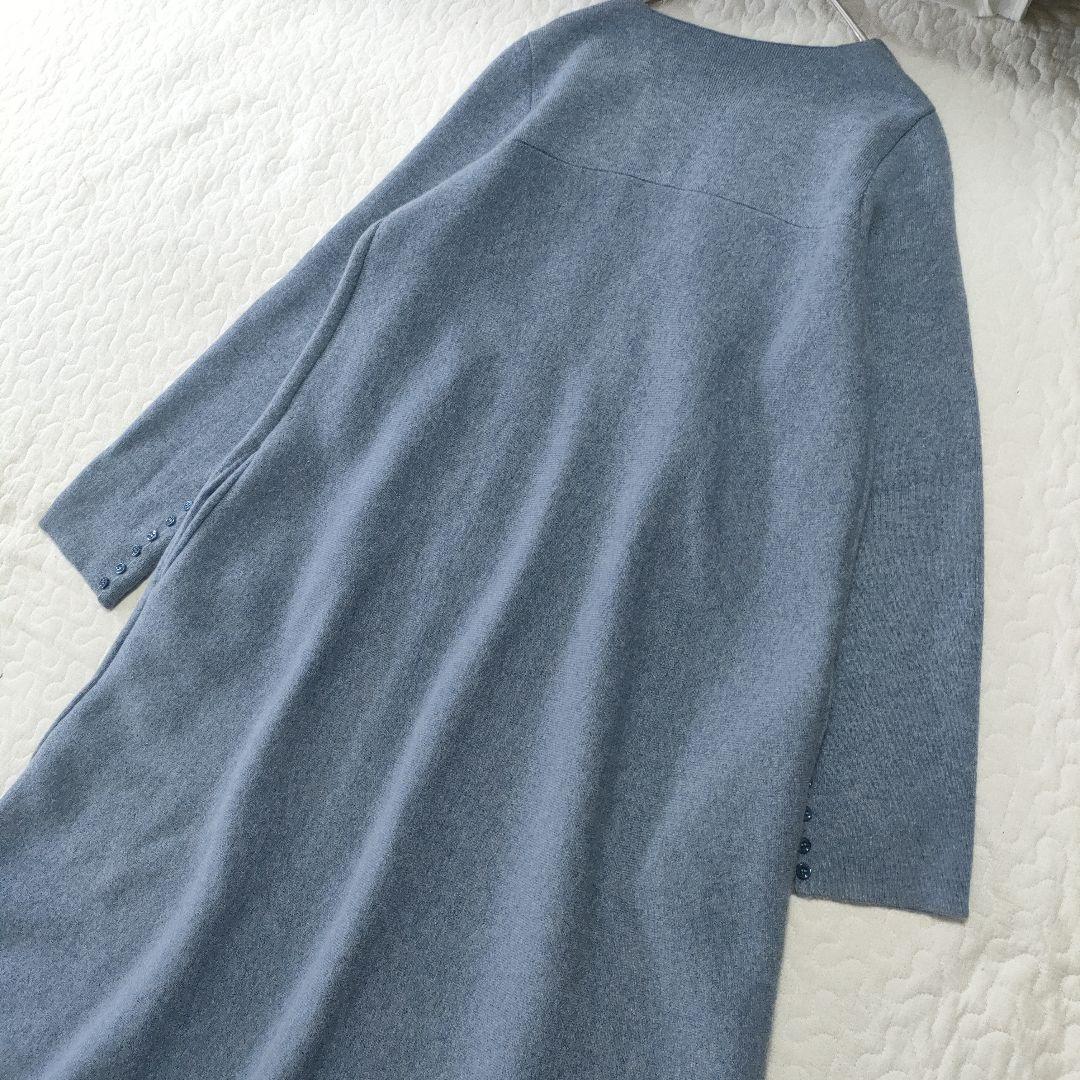 美品✨マイラン　カシミヤ96％　ノーカラーロングニットコート　ライトブルー