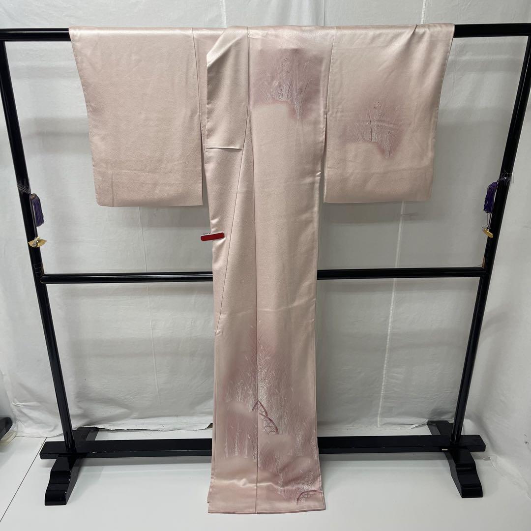 付下げ 金彩 蛇籠 薄文様 正絹 灰桜色(和色辞典) k286
