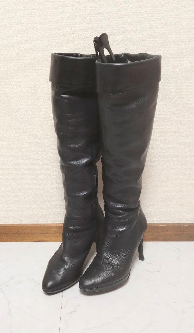 プールサイド 黒 本革 ニーハイブーツ 高ヒール