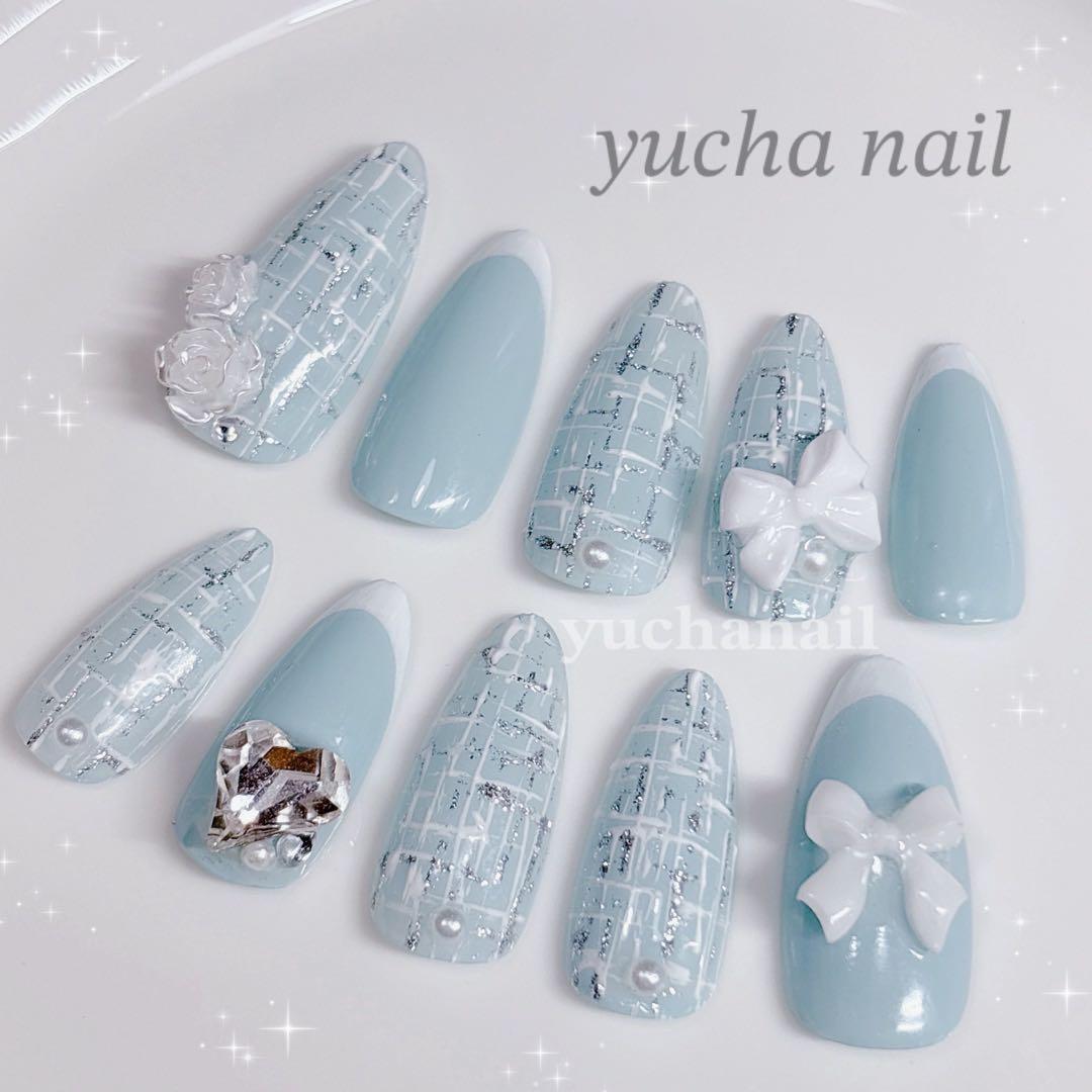 現品‪‪❤︎‬ネイルチップ 韓国 フレンチガーリー 水色 ツイード リボン‬
