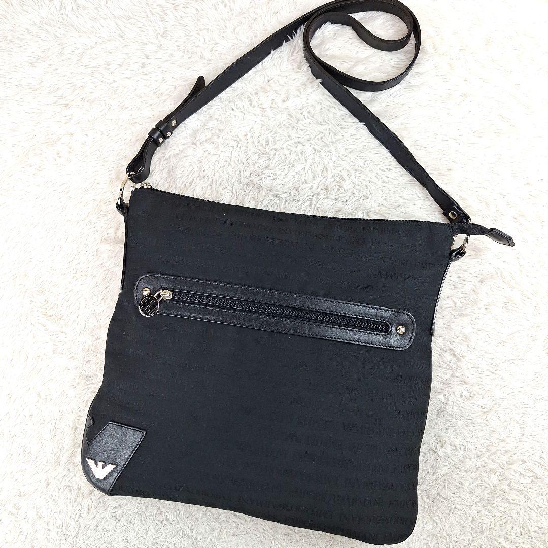 エンポリオアルマーニ サコッシュ ショルダーバッグ ロゴ キャンバスレザー 黒EMPORIO ARMANI